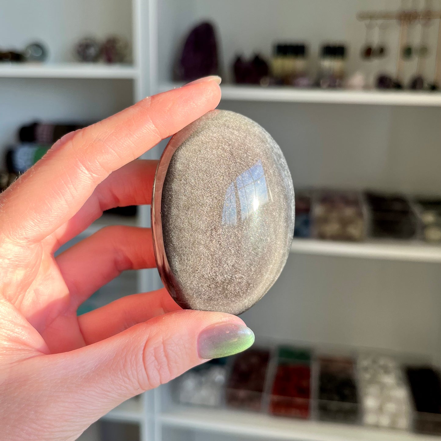 Silver Sheen Obsidian Palm Stone