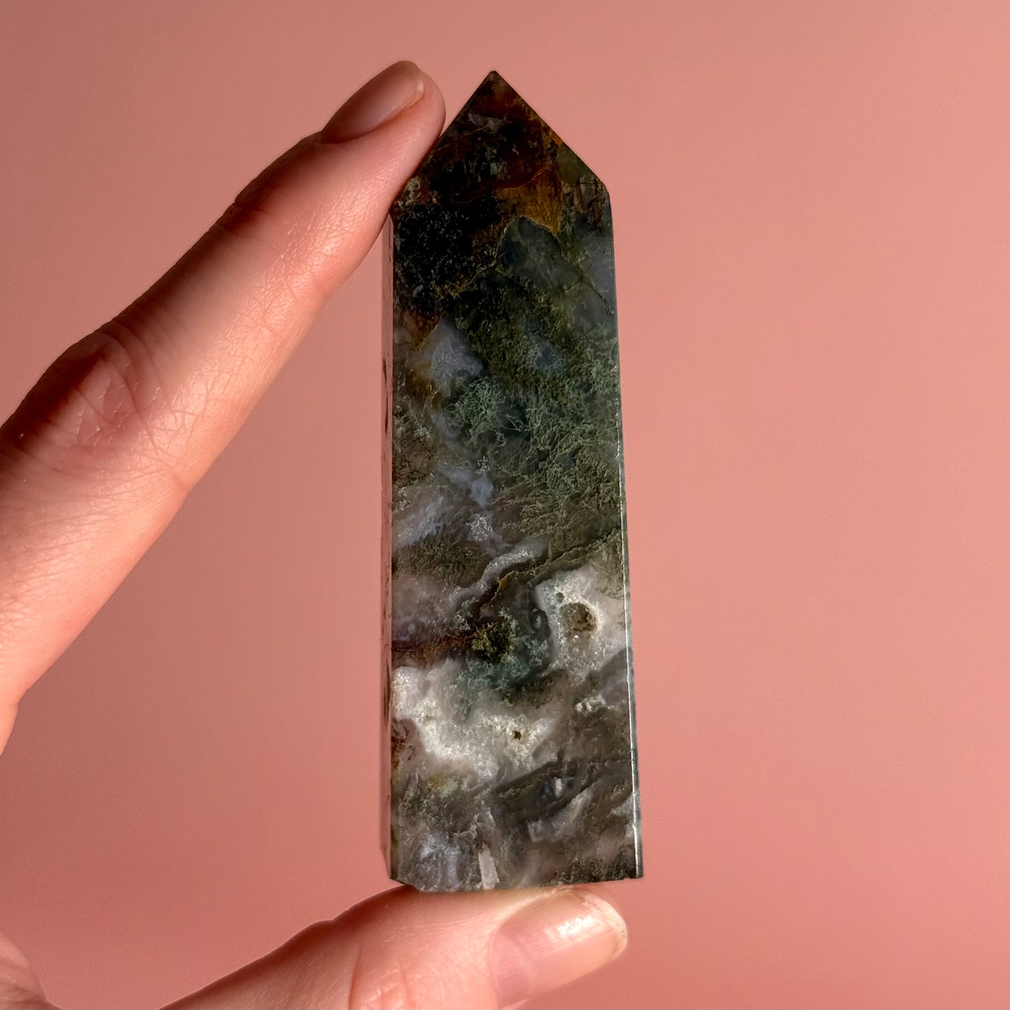 Moss Agate Four Sided Tower