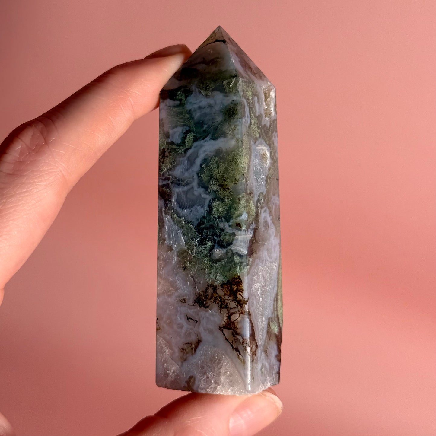 Moss Agate Four Sided Tower