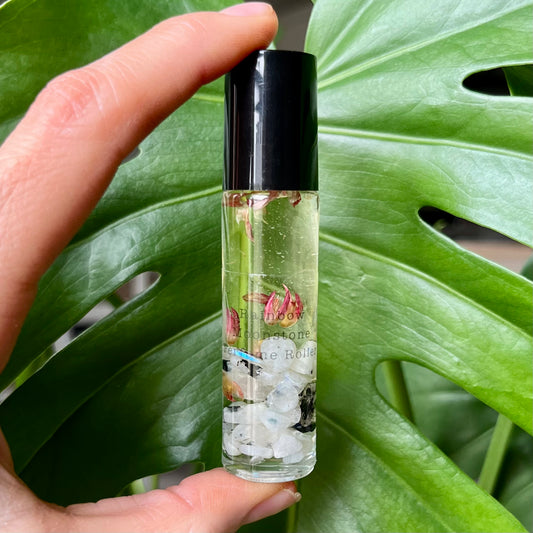 Natural and organic Rainbow Moonstone Crystal Infused Perfume Roller