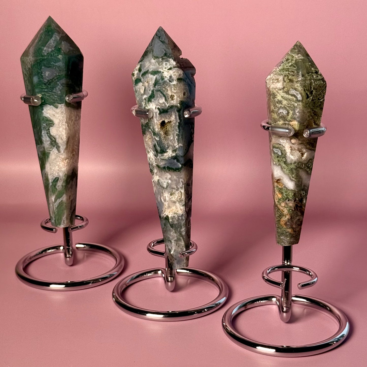 Moss Agate Wand with Display Stand