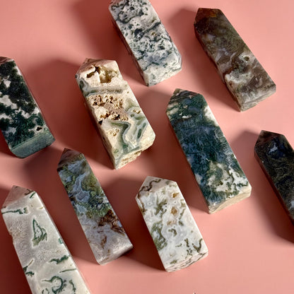 Moss Agate Four Sided Tower