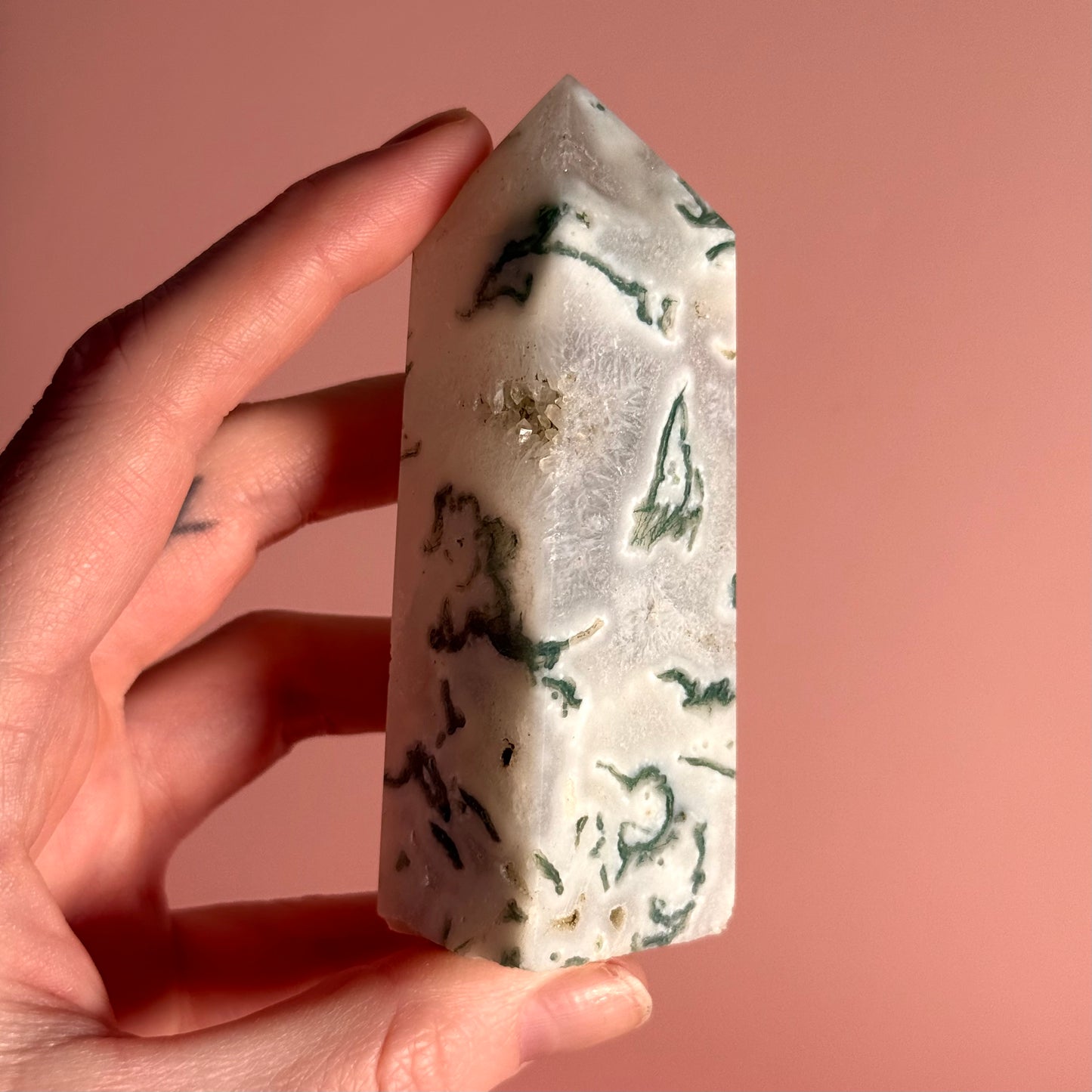 Moss Agate Four Sided Tower