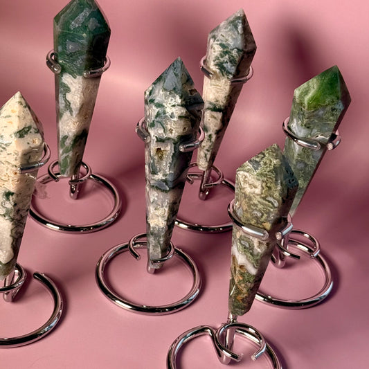Moss Agate Wand with Display Stand