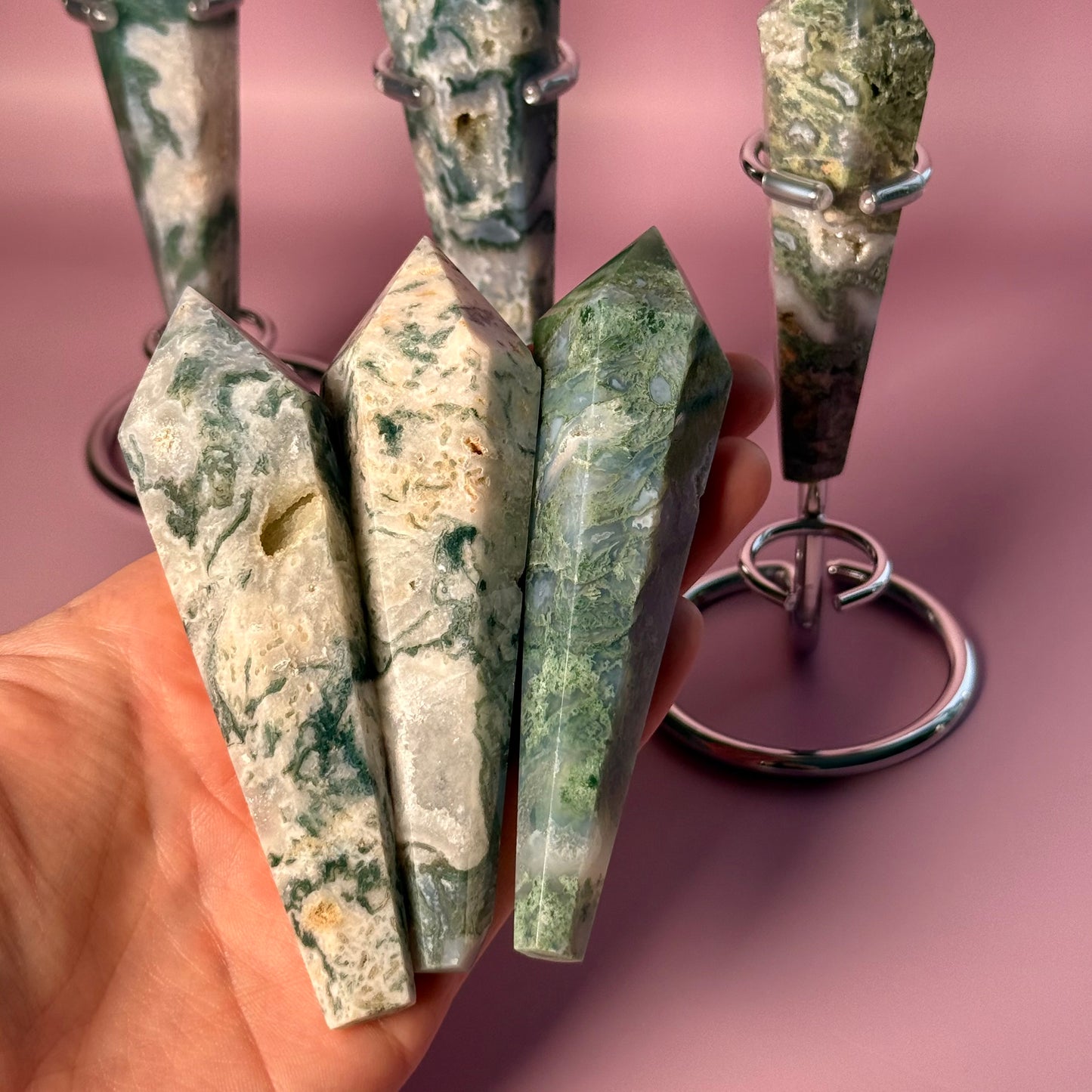 Moss Agate Wand with Display Stand